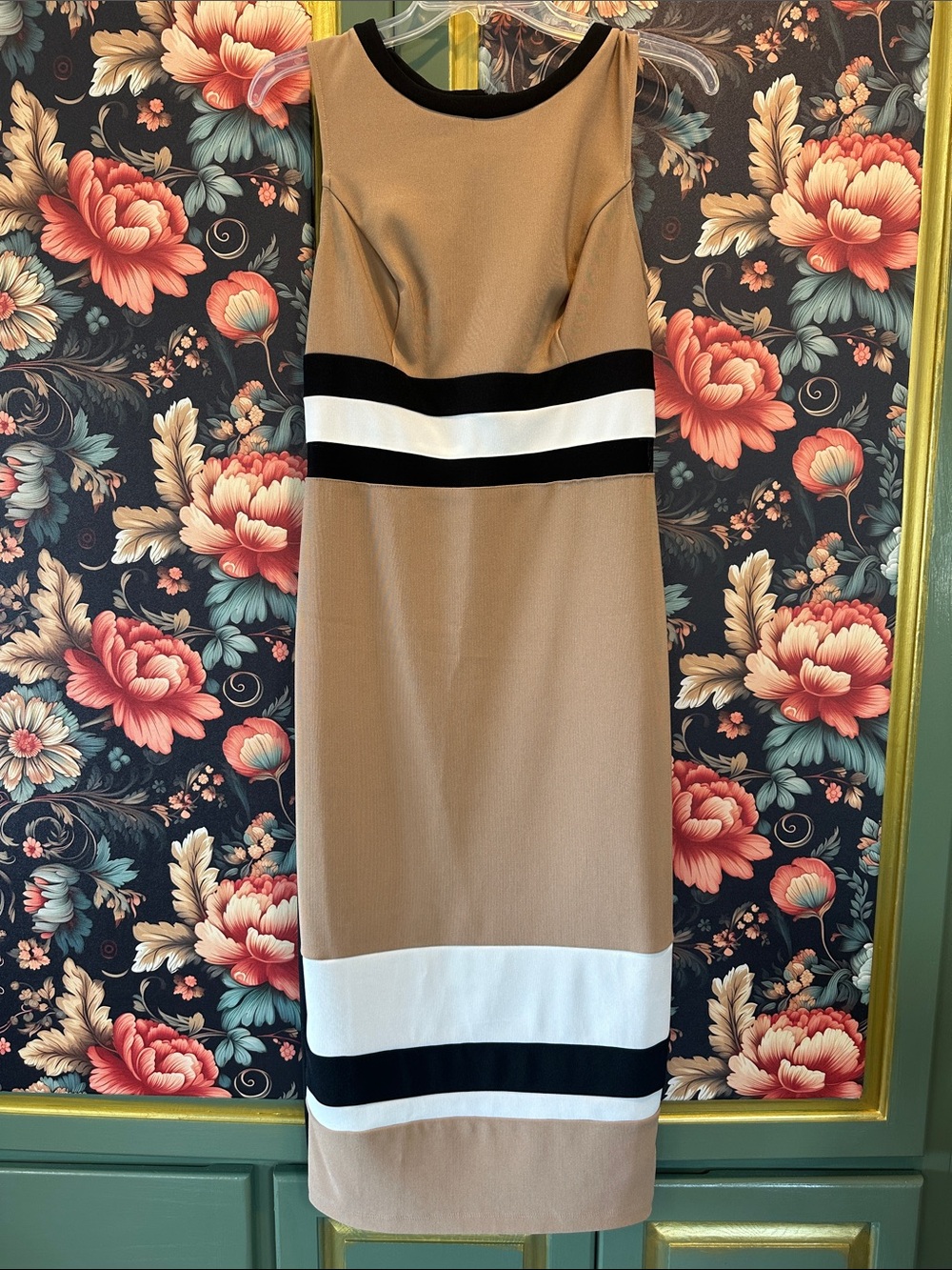 ABS Allen Schwartz Tan, Black & White Colorblock Midi Dress